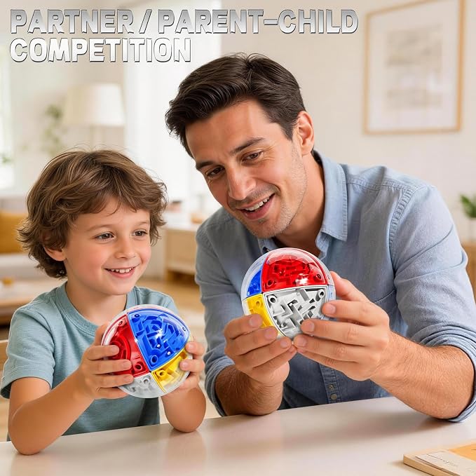 3D Maze Cube Ball Puzzle Brain Teaser for Adults & Kids, Educational Learning Toys Logical Thinking, Family Board Games Tabletop, Durable Puzzle Cube (White&Blue&Red&Yelllow-D, 3.3x3.3x3.3)