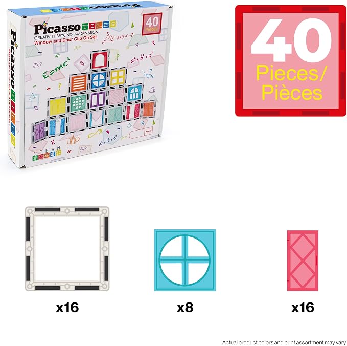 PicassoTiles 40pcs Magnetic Tiles Clip-in Window and Door Expansion Set, Magnetic Block Add-ons, Magnet Building Construction Toys, STEM Education Learning Block for Toddler Boys and Girls 3+ PTW40