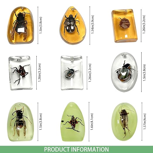 9 pcs Insect Amber Fossils, BOSOIRSOU Fossil Pendants, Different Insect Specimen, Bug Preserved in Resin, Educational and Scientific Amber Collections - Random Patterns
