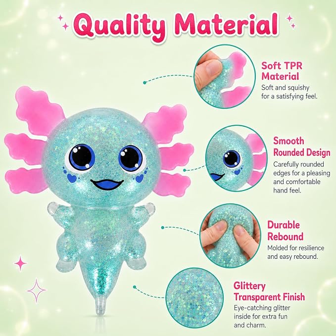 Axolotl Squishy Stress Ball, Soft TPR Slow Rising Squeeze Toy, Cute Axolotl Fidget Toy for Stress Relief, Anxiety Calming Sensory Toy for Kids Adults(Green BigEars Axolotl)