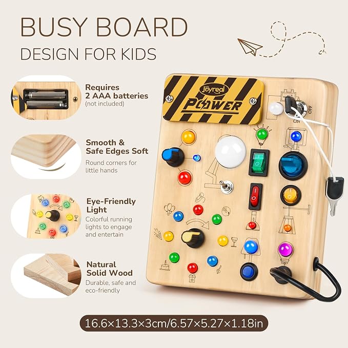 Joyreal Busy Board for Toddlers - Montessori Toys for 1 2 3 Year Old | Wooden Sensory Activity Board with 10 Switches & 19 Lights, Ideal Educational Travel Toy Gift for Boy & Girl Birthday