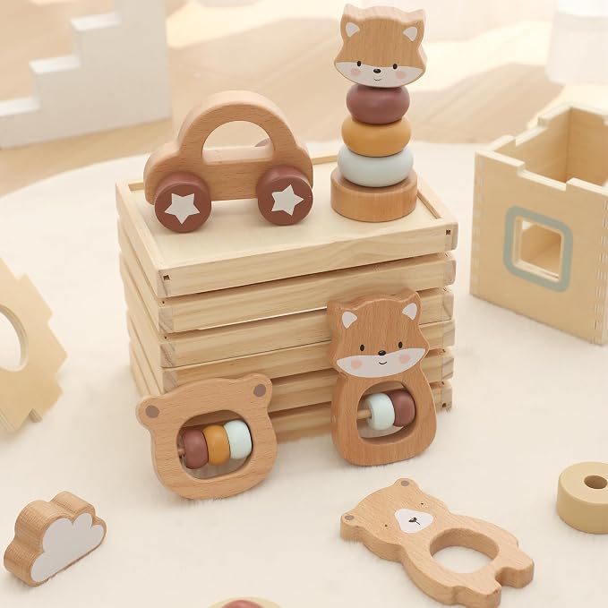 FReniland Wooden Montessori Toys, 5-Piece Wooden Baby Toys, Bear Baby Rattle, Fox Stacking Ring, Car Push and Pull Toys, Bear Grasping Toys,Newborn Baby Gift Sets for Boys and Girls