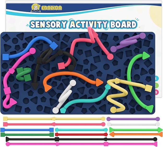 Sensory Activity Board: Ednzion Silicone Fidget Toy for Kids & Adults | Silent, No Mess, Calming for Anxiety, ADHD & Autism | Quiet Montessori Travel Toy with 12 Bendable Strings | Ages 3+