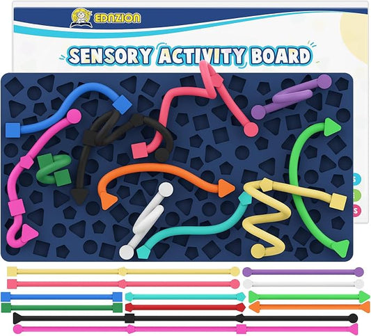 Sensory Activity Board: Ednzion Silicone Fidget Toy for Kids & Adults | Silent, No Mess, Calming for Anxiety, ADHD & Autism | Quiet Montessori Travel Toy with 12 Bendable Strings | Ages 3+
