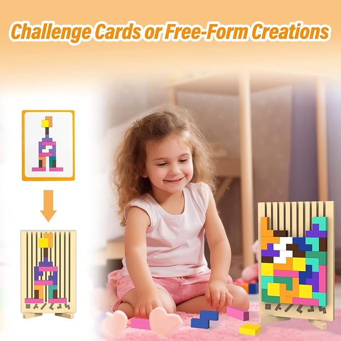 Wooden Block Puzzle Montessori Toys, Colorful Stacking Game Brain Teaser Puzzles for Toddlers and Kids with 20 Cards, Educational Wooden Toy Gifts for 3 4 5 6 7 8 Year Old Boys and Girls