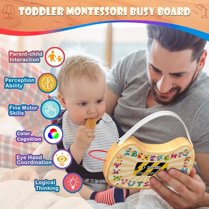 UdoUto Montessori Wooden Busy Board for Toddlers with LED Lights & Switches | Portable Activity Board, Car & Airplane Travel Toys Christmas & Birthday Gift for 1-3 Year Old Boys & Girls