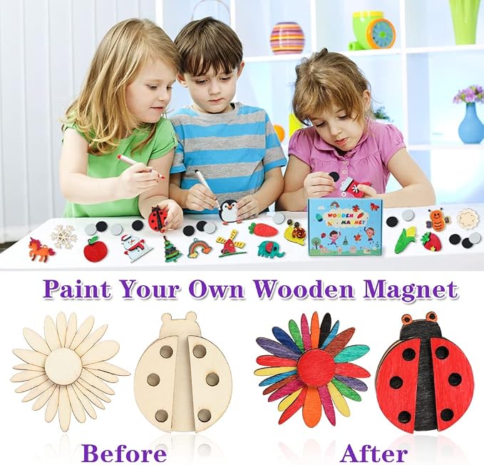 DIY Wooden Magnet 36 Art Craft Supplies Painting Kit for Kids Ages 4-8 8-12 | Party Favors for Boys Girls Birthday Easter Crafts Gifts Toys Basket Goodie Bag Stuffers