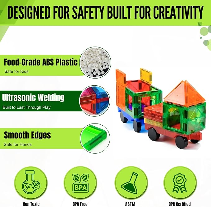 Magnet Tiles for Kids 136 PCS with 2 Cars Bases, STEM Magnetic Tiles for Toddlers, Educational Learning Toys for Ages 3-12, Magnetic Building Tiles for Preschool, Creative Play Set for Kids