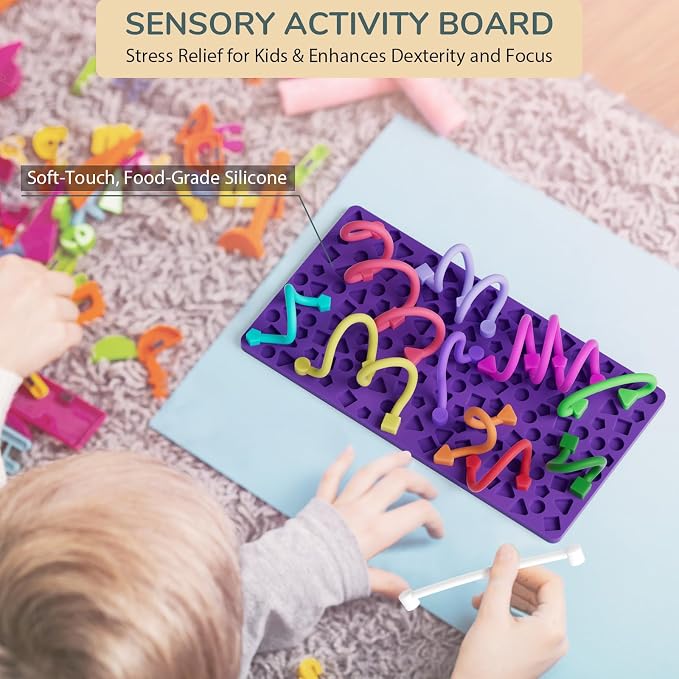 Sensory Activity Board for Kids Boys Girls, Fidget Toys for Stress Anxiety Autistic ADHD, Fidgets for Classroom Travel Airplane Toys for 3+ Year Old, Portable Travel Storage Box & 14 Strings
