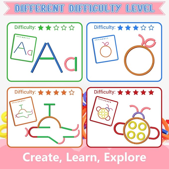 STEM Toys for Creative Learning Sticks & Rings Shape Building Blocks 160PCS Pattern Blocks Puzzle Educational Resources Montessori Toys for Preschool and Kindergarten Girls and Boys Ages 5+