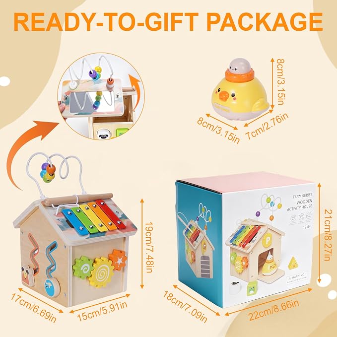 Montessori Wooden Baby Activity Play Cube Toys for Boys Girls 6 Months+, Early Developmental Learning Activity Center for Toddlers, 1-3 Years Old Kids First Birthday Gift, Bonus Infant Press & Go Car