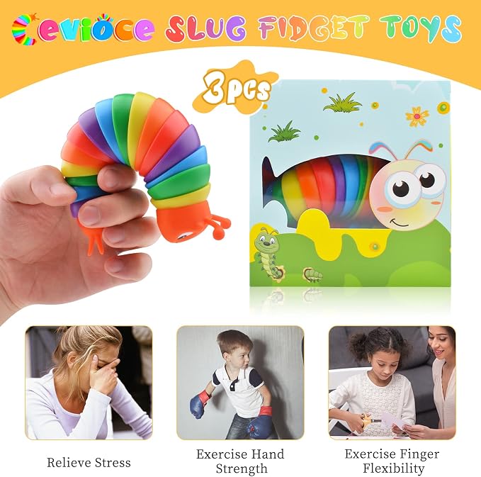 Cevioce Fidget Slug Toy, Sensory Slug Fidget Toys for Kids & Adults, 3 PCS Autism Sensory Toys for Children Toddlers, Toddler Toys 3+ Year Old, Easter Basket Stuffers Gifts for Kids Boys Girls C