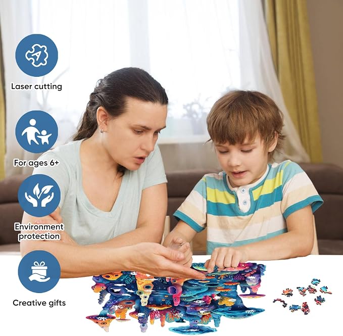 Qiuenisray Wooden Puzzles for Adults 500 Pieces, Coral Ocean Jigsaw Puzzles | FSC Certified Wood Puzzle, Wall Decor, Unique Shape Puzzle Piece, Creative Gift for Family Game 16.6x16.9 in