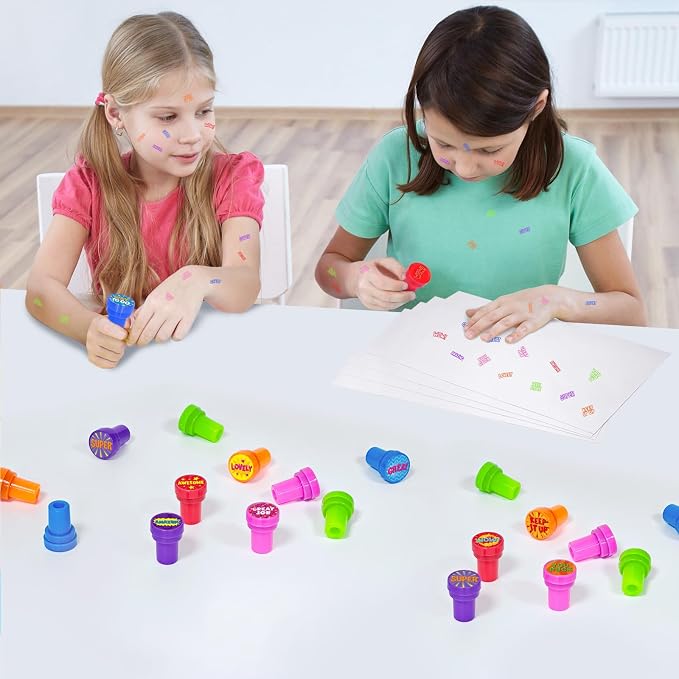 Cinrobiye 24 Pcs Positive Teacher Stampers Party Favor Set, Encouraging Classroom Reward Stamps for Kids, Teacher Supplies, Student Motivation Gifts, Goody Bag Fillers, School Activity Prizes