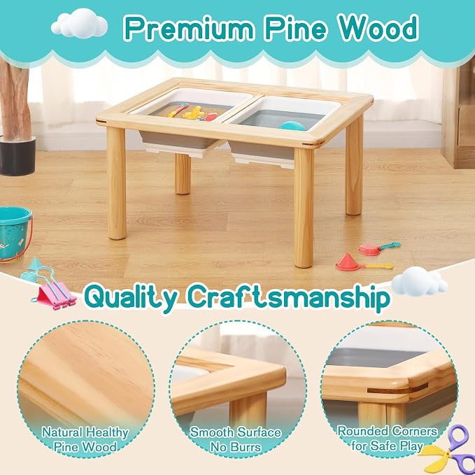 FUNLIO Wooden Sensory Table for Toddlers 1-5, 4-Level Height Adjustable Kids Activity Table with Anti-Warping Plywood Lid, Indoor/Outdoor Play Sand and Water Table, CPC Certified