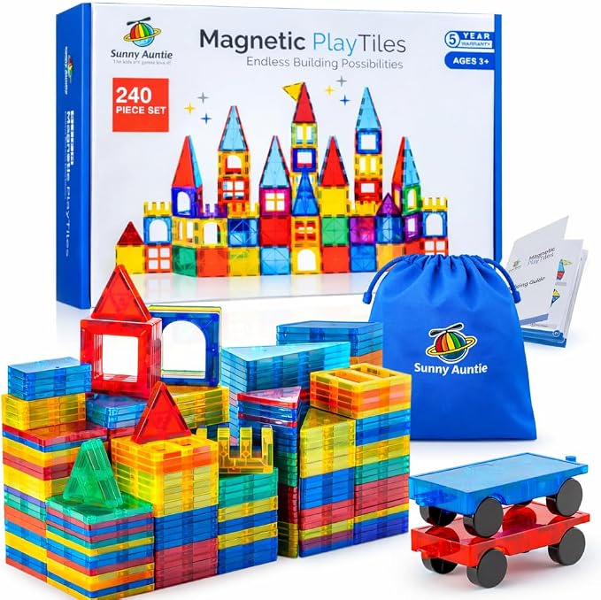 SUNNY AUNTIE Magnetic Tiles STEM Toys Building Set, Ages 3+ - 240 Pieces | Magnetic Tiles Building Toys, STEM Toys, Magnetic Blocks Construction Set, with 2 Cars & Guide Booklet for Kids Ages 3+