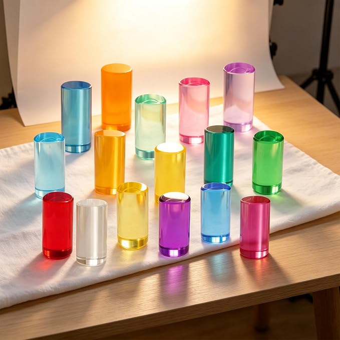 Rainbow Acrylic Blocks, 16 Stackable Cylinders for Kids Ages 3+ | 16 acrylic color blocks, 2 x 1 in, stackable, ages 3+, white paper box for gift wrap, preschool and light table use