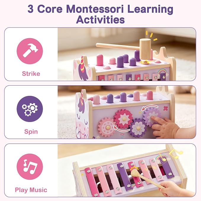 Wooden Montessori Toys for 1 Year Old, 1st Birthday Gift for Girls 1-3 | Pounding Hammering Toy with Xylophone, Toddler Learning Toy, Pink Unicorn Design, Educational Musical Baby Toy 12-18 mouth