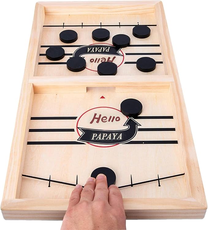 HELLO PAPAYA Fast Sling Puck Game - Test Your Speed and Accuracy with This Fast-Paced Wooden Air Hockey Desktop Battle Board Game - Guaranteed Fun Gifts for Family Night or Friends Party