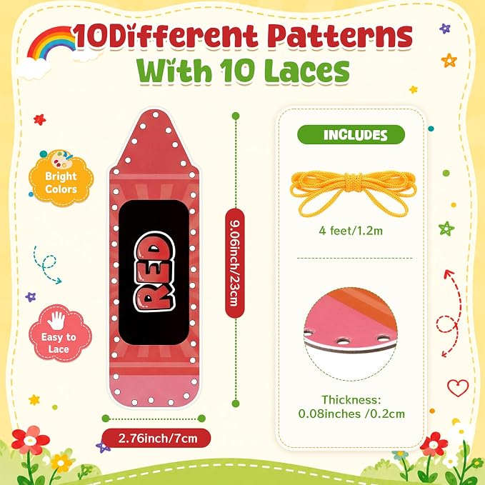 Funrous 10 Pieces Kids Recognition Lacing Cards,Color | Thick Cardboard Educational Sewing Cards, Double Sided Lacing Playing Games, For Preschool Developing Imagination Supplies