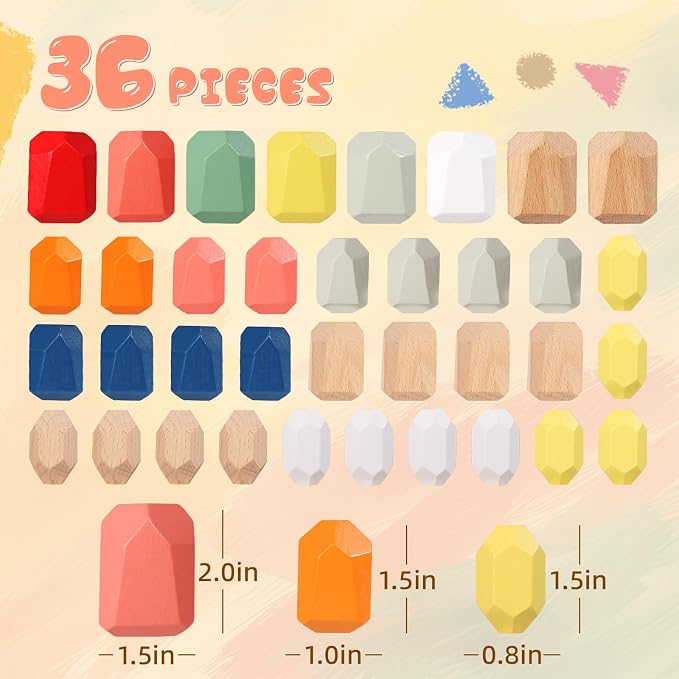 36PCS Wooden Stacking Rocks, Montessori Toys for 3 4 5 Year Old | Building Blocks Game Sensory Preschool Learning Activities Toys, Balancing Stones Birthday Gifts for Kids Girls Boys