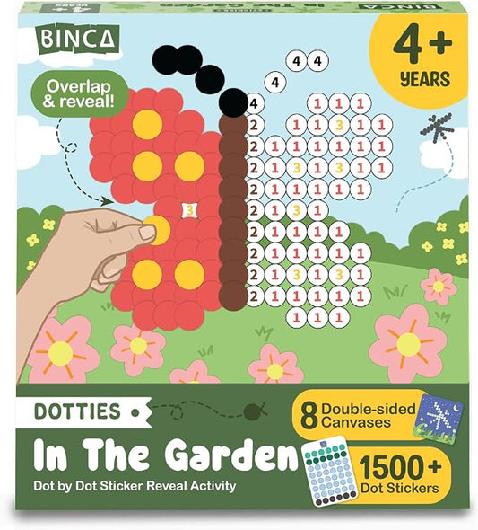 BINCA Dotties Dot Art Activity Kit, 1500+ Stickers, 8 Garden Animals Mess-Free Activities, DIY Dot Sticker Art, Kids Travel Activities, Gifts for Boys & Girls Ages 4,5,6,7