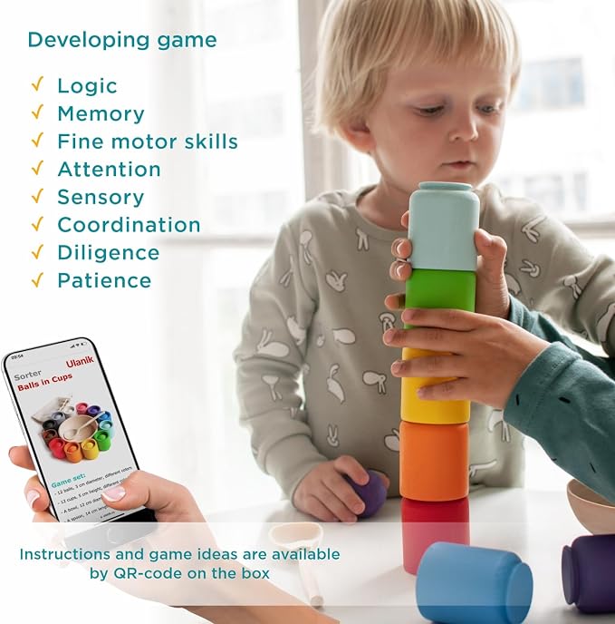 Ulanik Balls in Cups Full Set Montessori Toys for 1 Year Old | Open-ended wooden sorting set; 12 clear colors; tray and bag for easy storage