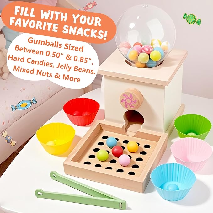 9.6" Wooden Gumball Machine For Kids Learning Color Sorting & Counting Toy | Toddler Preschool Learning Activities Toy for Kids Ages 3-5, Wood Preschool Learning Fine Motor Skills Game Toys