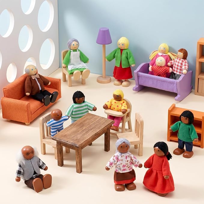 14 Pcs Wooden Dollhouse People Figures, Poseable Wooden Dolls for Girls and Toddlers, Multicultural Pretend Play Toy