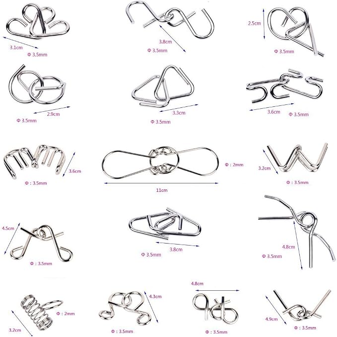 Ahyuan Metal Wire Puzzles Set of 16 with Pouch Large Thick IQ Test Mind Games Toys Brain Teaser Puzzles Metal Wire Magic Trick Toy Metals IQ Puzzle Fidget Toys Party Favors for Kids Adults (Silver)