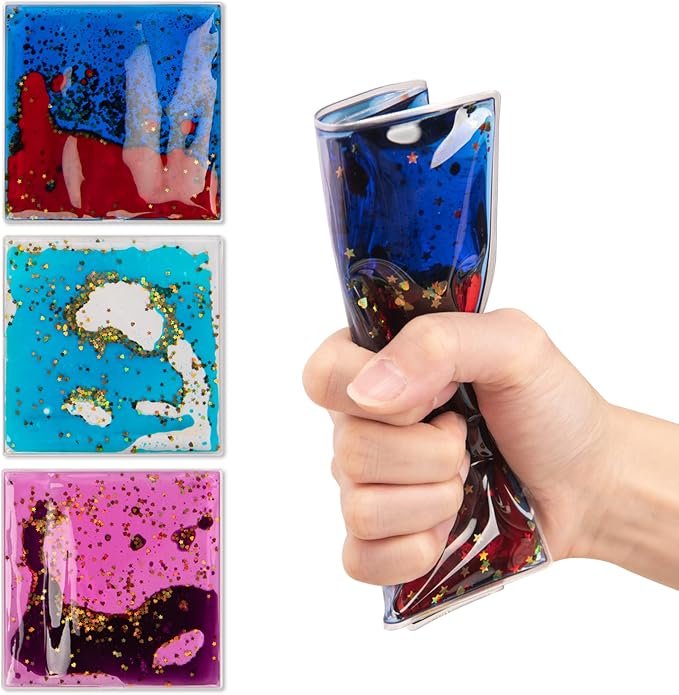 Art3d Square Sensory Fidget Multicolor Liquid Motion Tiles, 6" x 6", 3-Pack | Lightweight, Boost Focus, Relieve Anxiety, Varied Colors & Shapes, Suitable for Kids, Toddlers