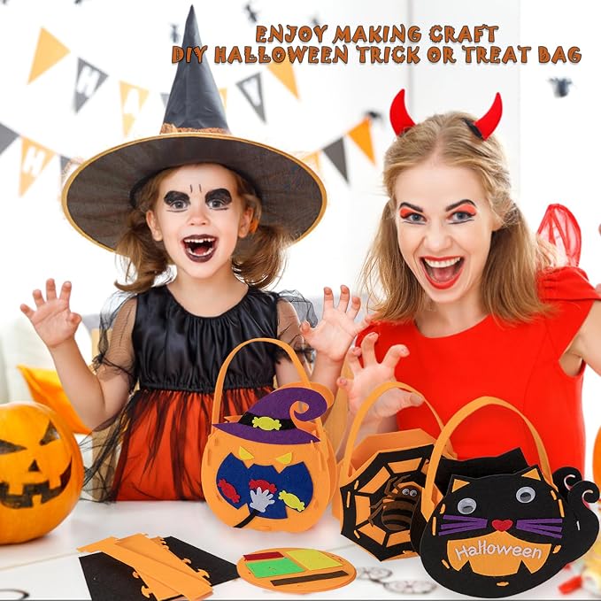 6 Set DIY Trick or Treat Bag Kit, Make Your Own Halloween Candy Bags Goodie Bags, Felt Craft with Stickers for Kids Halloween Party Favors