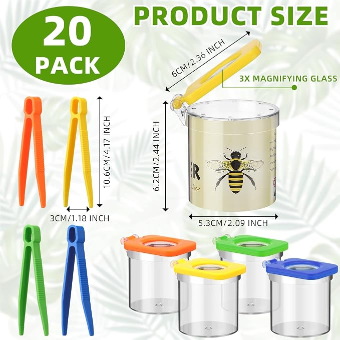 Halloscume 20 Pack Insect Bug Viewer Kit for Kids with Tweezers Explorer Outdoor Set Bug Catcher Containers for Insects Magnifying Insect Box Observation Kit for Science Nature Exploration Collecting