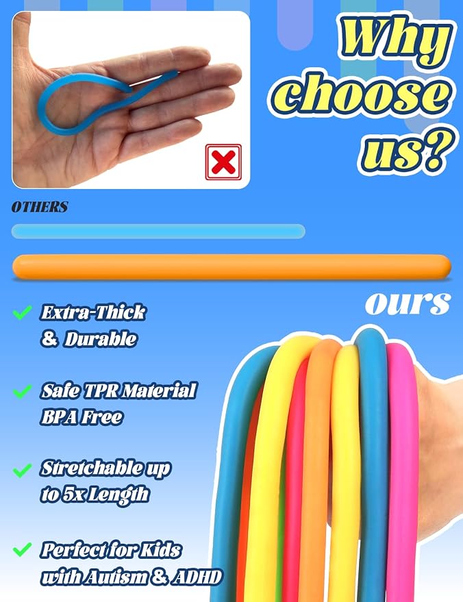 10 Pack Sensory Autism Toys for Kids – Gift Box Upgraded Extra-Thick Stretchy Sensory Strings for School Classroom Rewards Back to School Birthday Party Favors (Smooth)