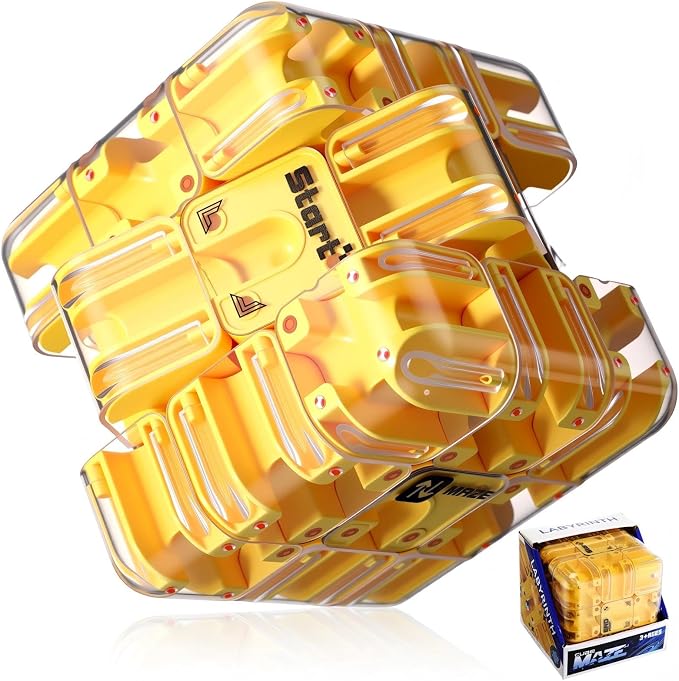 1 Sets Large Labyrinth 3D Maze Cube Puzzle Maze Game Gravity 3D Puzzle Cube Brain Teaser Ball Games for Kids Education Sensory Toys Gift for Adults (Classical,Yellow)