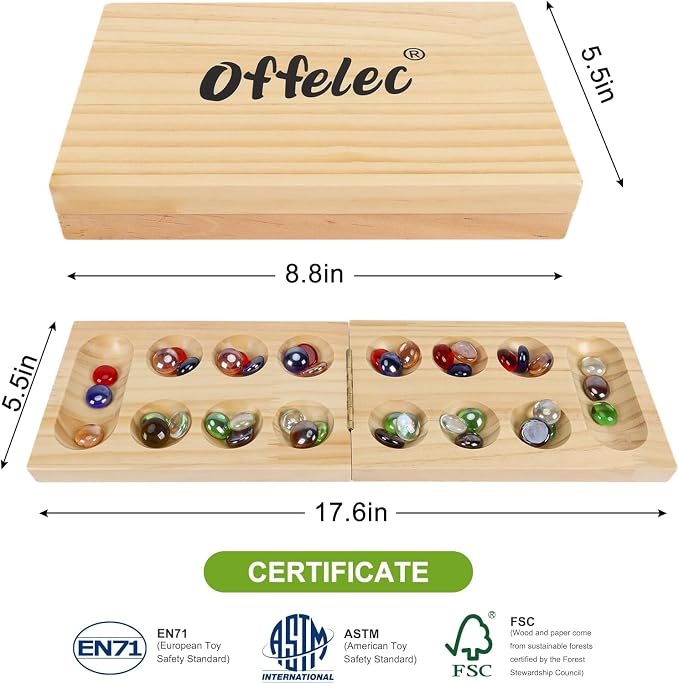 Offelec Mancala Board Game Set, Wooden Folding Board with 48 Colorful Glass Stones | Portable Travel Games for Adults | Classic 2 Player Strategy Game for Family Night