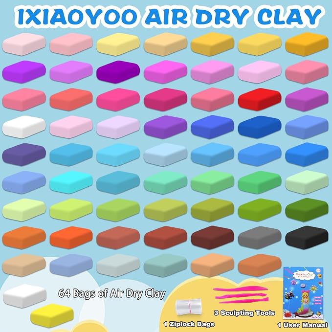 Ixiaoyoo Air Dry Clay, 64 Colors Foam Modeling Clay for School Projects | Safe & Non-Toxic, Soft, Non-Sticky, DIY Model Crafts Kids Toys for Home Party Favors, Birthday Gifts for Aged 3–12 Boys Girls