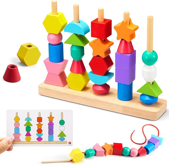 Montessori Wooden Toys, Lacing Beads & Stacking Block & Matching Shape Stacker, Montessori Wooden Beads Sequencing Toy Set, STEM Preschool Learning Toy Birthday Gift for 2 3 4 Year Old Toddler Gifts