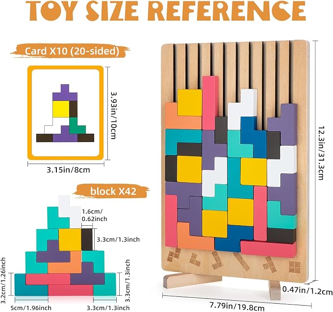 BSADIY Montessori Brain Blocks Wooden Stacking Puzzle Toy for 3-6 Year Old | Educational Montessori Toys for Kids, Colored 3D Russian Block Stacking Jigsaw Tetris Puzzle, Giant Building Block Board Game