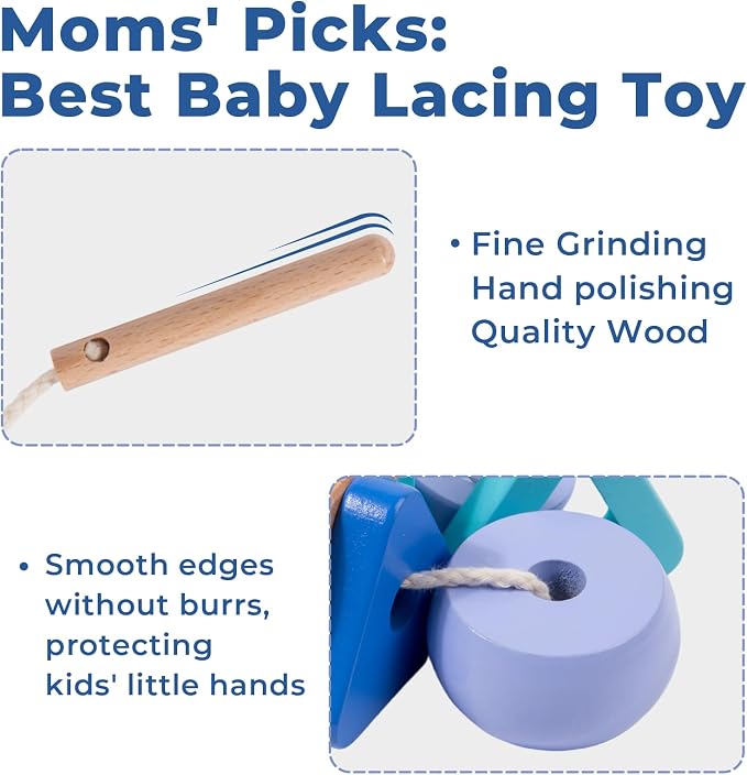 Adena Montessori Wooden Stringing Beads Set, Blue, 1-3y | Safe wood, 25+ beads with string. Lacing builds fine motor, hand-eye & patience. Montessori learning. Gift 1-3y.