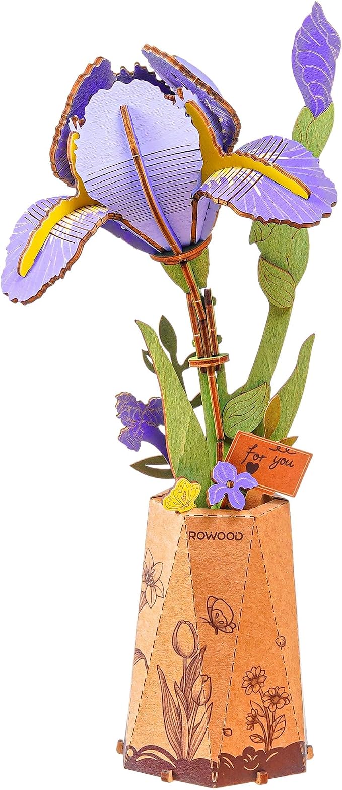Rowood 3D Puzzles for Adults,DIY Mother's Day Wooden Flower Building Set Craft Kits, Botannical Collection Home Decor,Christmas/Birthday/Valentine's Day Gift- Purple Iris