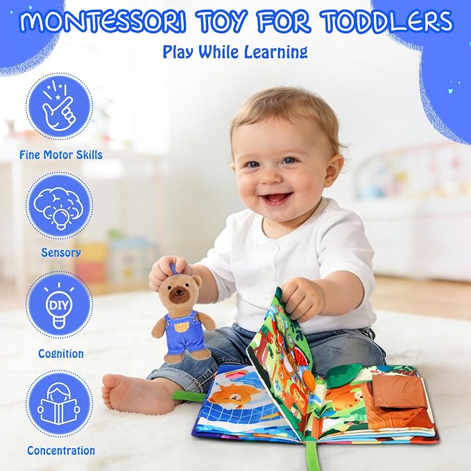 Esjay Busy Book for Toddlers 1-3, Bear Busy Board Montessori Toys, Learning Activities Fine Motor Skills Book, Birthday Gifts 1 2 3 4 Year Old Toddler Baby Girls Boys, Travel Toy for Airplane Car