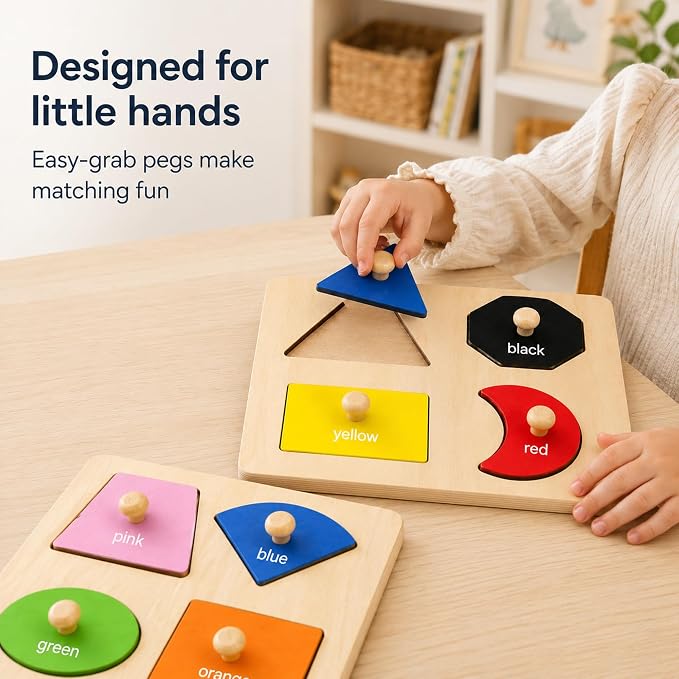 Wooden Shape Color Sorting Puzzle Toys for Toddlers, 4 Pack Montessori Peg Puzzles for Ages 2-4, Preschool Learning Toys for Shape Recognition, Fine Motor Skills, Gifts for Kids Boys Girls 1 2 3 4