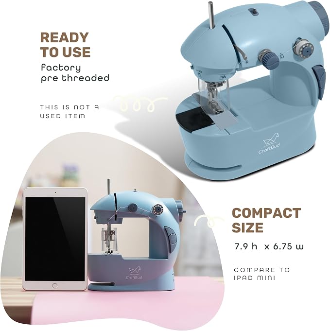 CraftBud Mini Sewing Machine for Beginners, Adults and Kids Sewing Machine | 48-Piece Sewing Kit Accessories, Portable, Dual Speed, Extension Table, Foot Pedal, Built-in Light, Guide Book & More, Blue