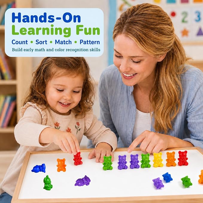XINHUIDALSQ Rainbow Counting Bears Set of 200, 10 Colors Sorting Teddy Plastic Bears Math Manipulatives for Toddlers, 1 Inch Bear Conters Ages 3+ Kids