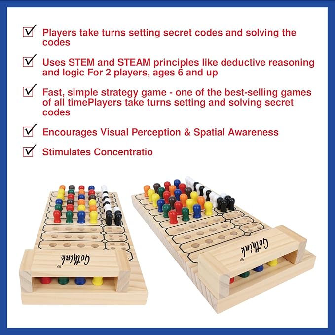 GOTHINK Code Breaker Board Game - Wooden Strategy Game of Codemaker vs. Codebreaker - 2 Player Battle of wits, Color Brain Game - 140 Pegs STEM Toys Gift for Kids 6+ Ages and up - Family Games