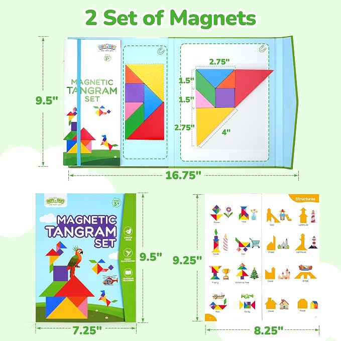 BenBen Travel Tangram Puzzle with 2 Sets Magnetic Wooden Shapes for Kids | Extra Large Dual-Sided Magnet Surface, Color Pattern IQ Book, Road Trip Car Plane Game, Educational STEM Toys for Kids Adults