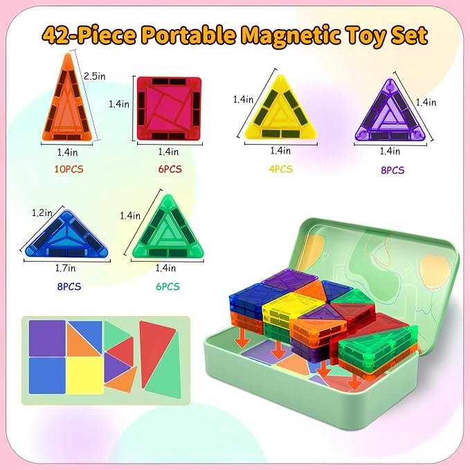 Magnetic Tiles 42PCS 0.8in Portable Magnet Toys for Kids，Travel Magnetic Blocks with Metal Storage Box，Stacking Magnets Sensory Tiles for Toddlers Ages 3+