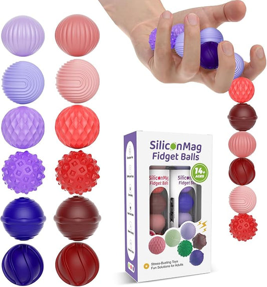 Magnetic Fidget Balls, 12-Pack Silicone Sensory Toys for Adults & Teens | Quiet Stress Relief Balls for Office, Fun Desk Toys with Textures, Calming & Relaxing Gift for Men & Women
