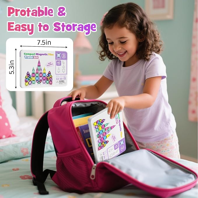 WMDXU Mini Magnetic Tiles Girls: Travel Building Set with Iron Box for 3+ | 42PCS On-the-Go Travel Toy, Strong Magnets Hold Tiles Upside Down without Falling, Iron Box Storage, for Girls 3-8